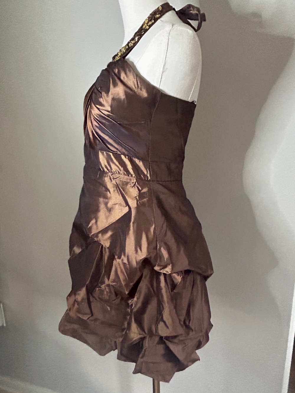 Y2K Masquerade Brown Beaded Halter Ruffle Bubble Hem Party Dress Homecoming 7/8 - Picture 8 of 14